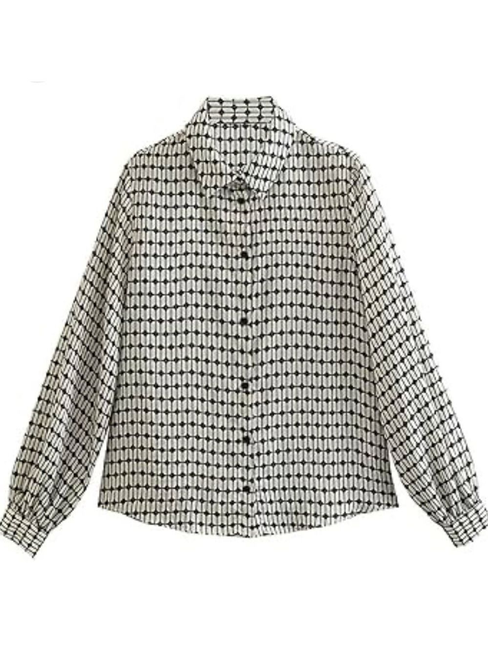 ZARA White & Black Geometric Print Button Down Blouse, Office, sz XS